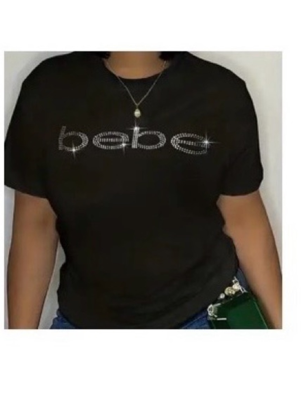 bebe Black Short Sleeve Tee with Rhinestone Logo Detail